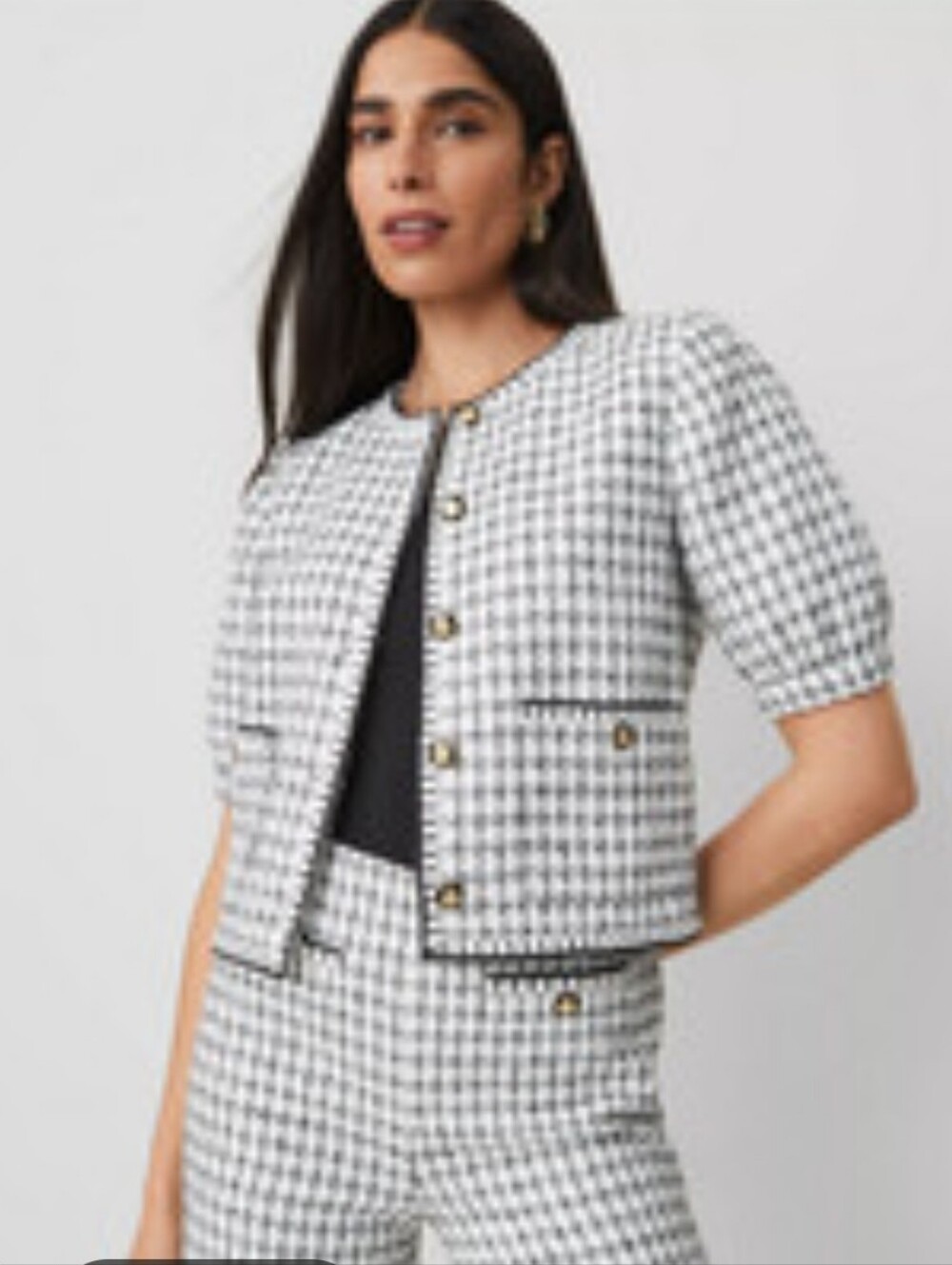 ann taylor short sleeve tweed jacket black white houndstooth Size 10